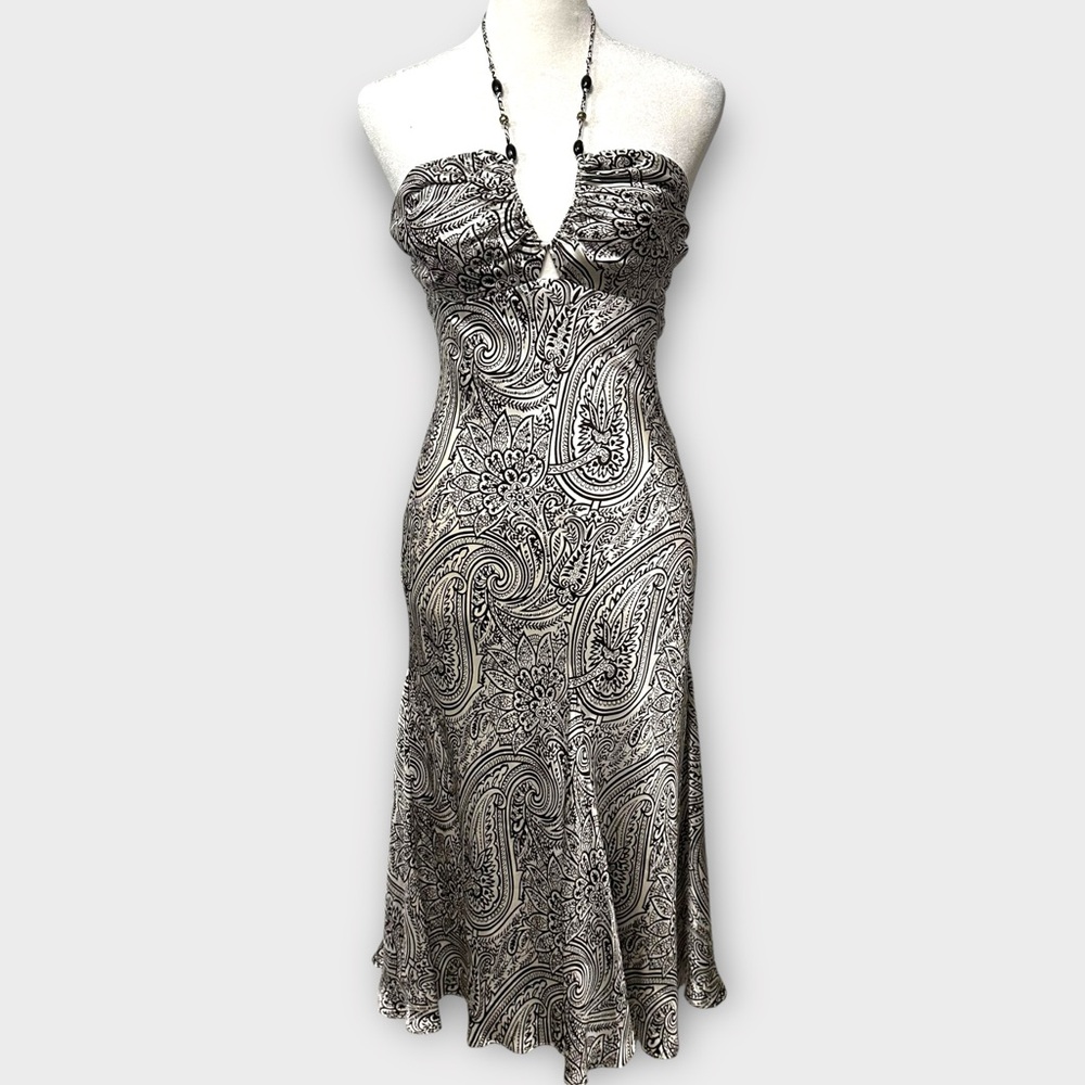 ABS Allen Schwartz Strapless Black & White Paisley Silk Midi Dress